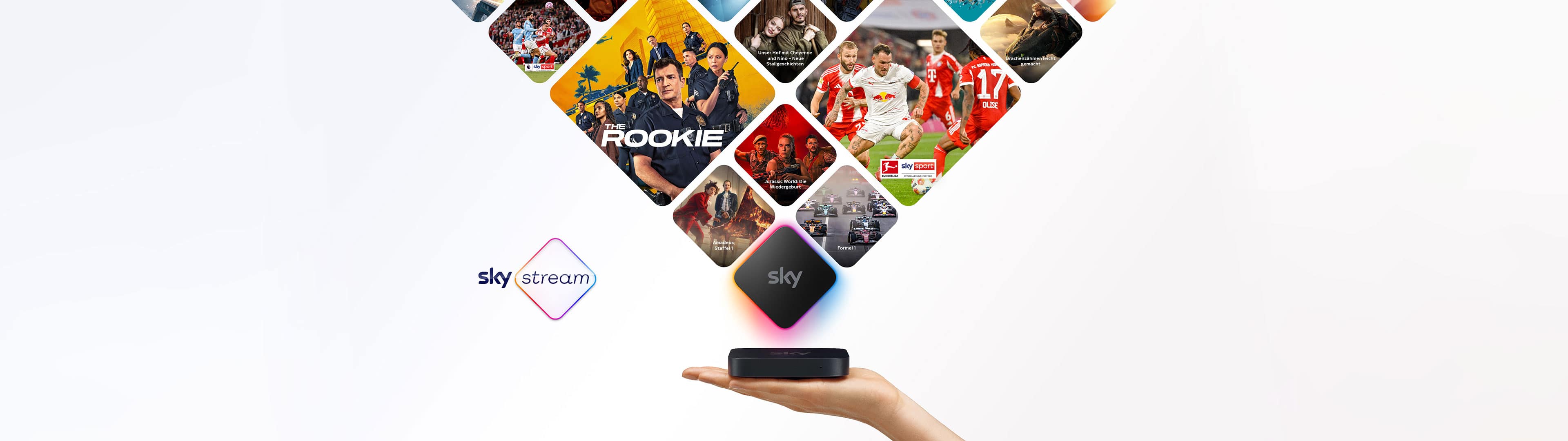 Sky Stream Box auf einer menschlichen Hand, darüber mehrere Kacheln mit verschiedenen Inhalten von Sky.