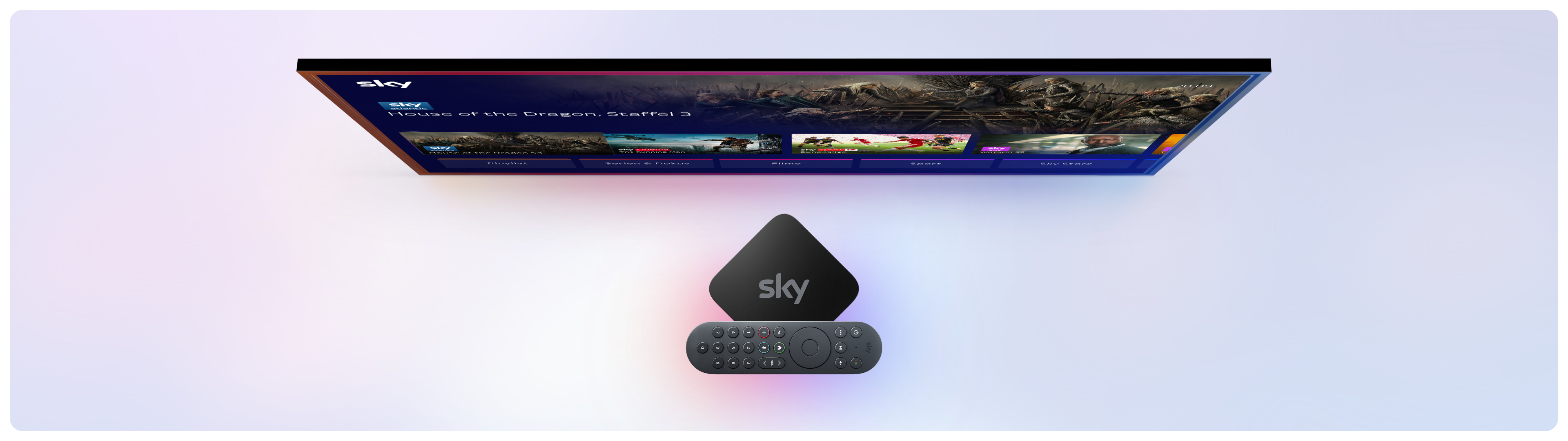 Sky Stream Box auf einer menschlichen Hand, darüber mehrere Kacheln mit verschiedenen Inhalten von Sky.