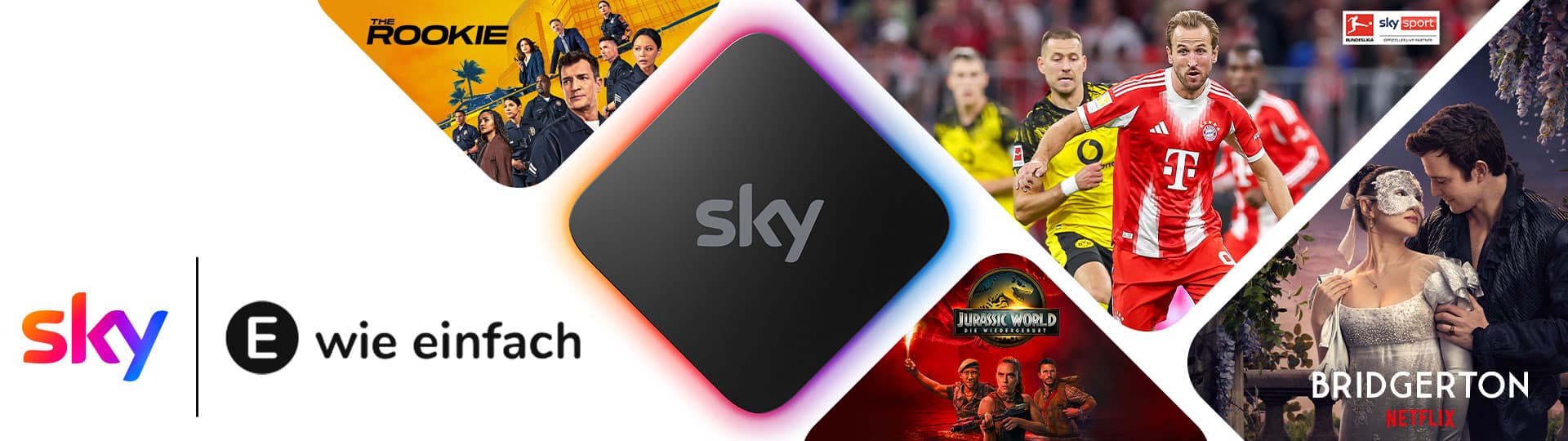 Sky Stream Box, links und rechts daneben Sport, Filme, Serien