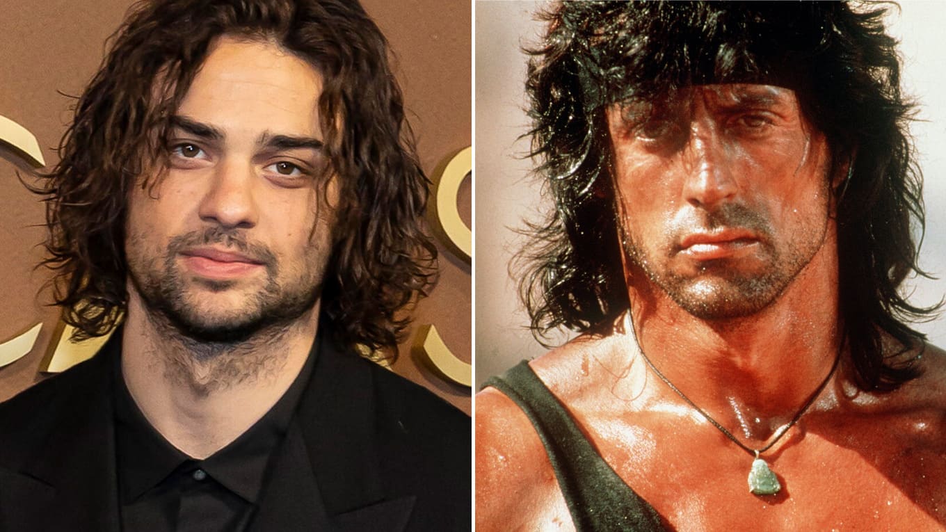 Foto von Schauspieler Noah Centino und Foto aus dem Film Rambo III mit Sylvester Stallone