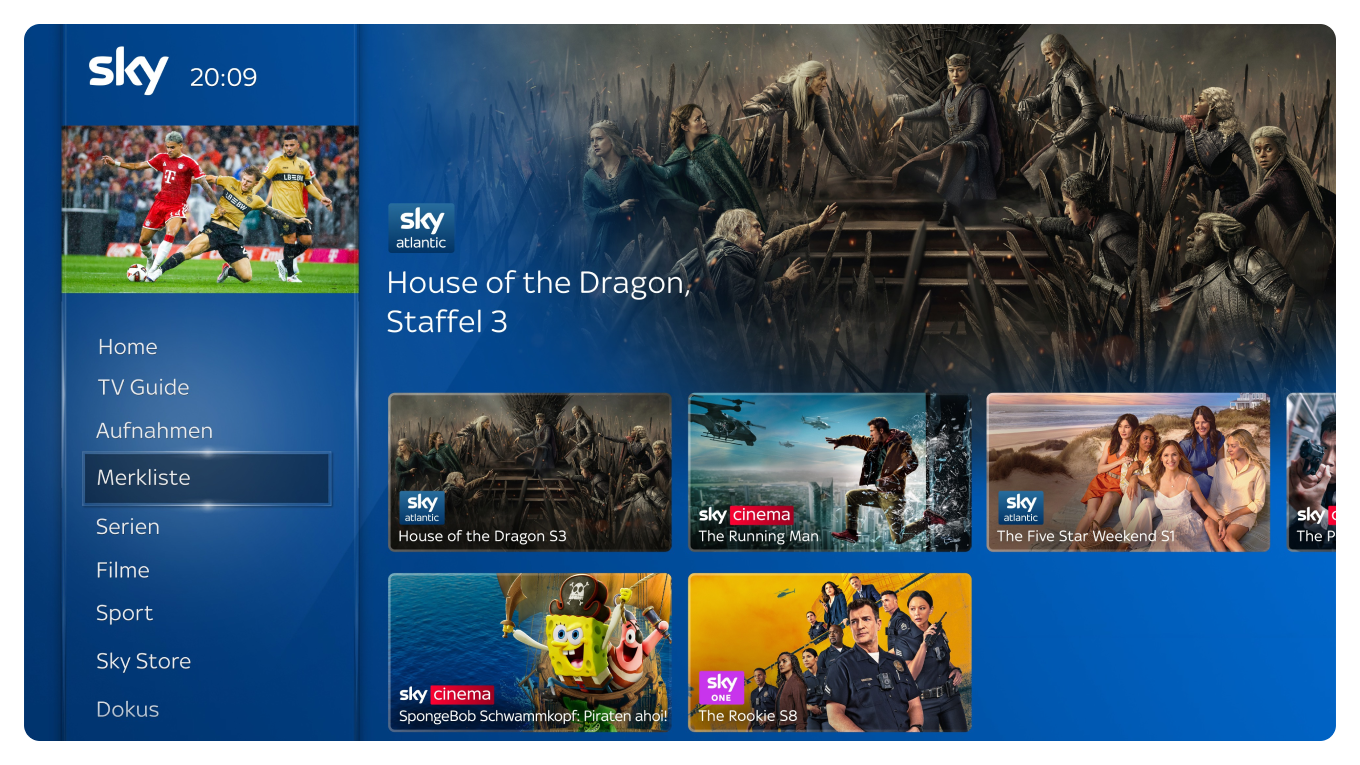 UI des Sky Q Receivers für die Merkliste