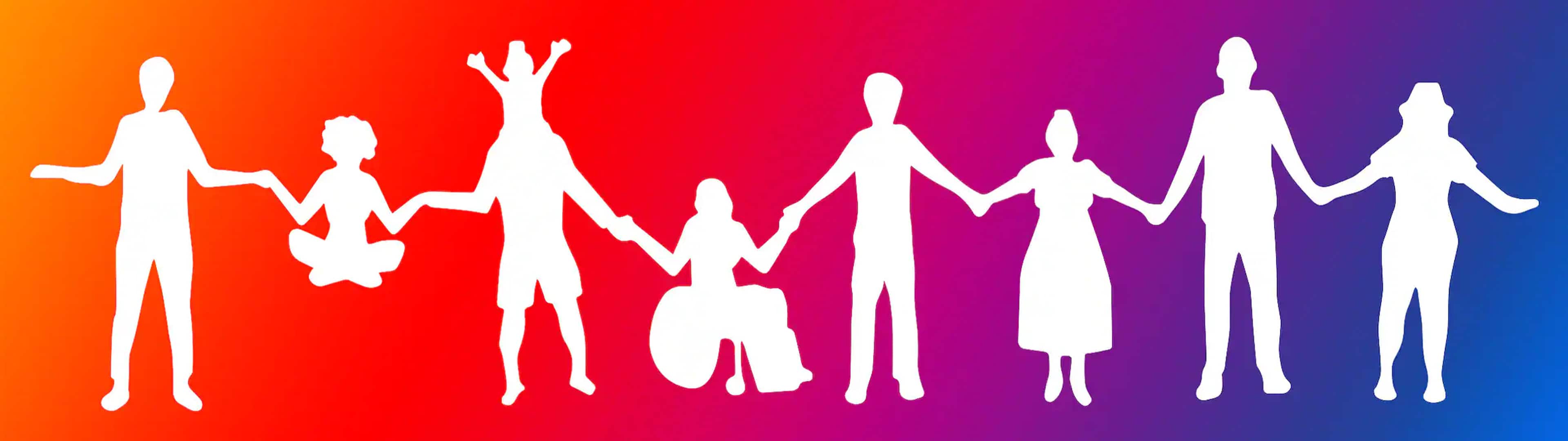 Weiße Silhouetten verschiedener Menschen – mit unterschiedlichen Körperformen – stehen Hand in Hand vor einem farbigen Hintergrund in Orange-Rot-Pink-Blau.
