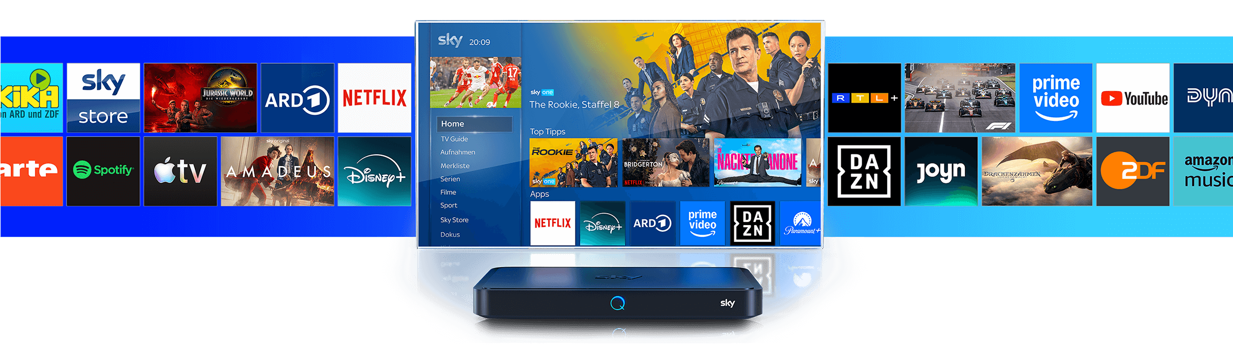 Grafik zeigt die Benutzeroberfläche von Sky Q mit der Sky Q Box im Vordergrund. Auf dem Bildschirm ist das Hauptmenü mit Kategorien wie „Home“, „Serien“, „Filme“, „Sport“ und „Sky Store“ zu sehen. Angezeigt wird der Sky-Cinema-Titel „Ein Minecraft Film“ sowie Empfehlungen wie „Wednesday“ und „Tulsa King“. Unter „Apps“ erscheinen Logos von Netflix, Disney+, ARD, Prime Video, DAZN und Paramount+. Im Hintergrund sind weitere Streaming-Dienste und Sender wie KiKA, RTL+, Joyn, YouTube, ZDF, Spotify, Apple TV+ und Amazon Music eingeblendet.