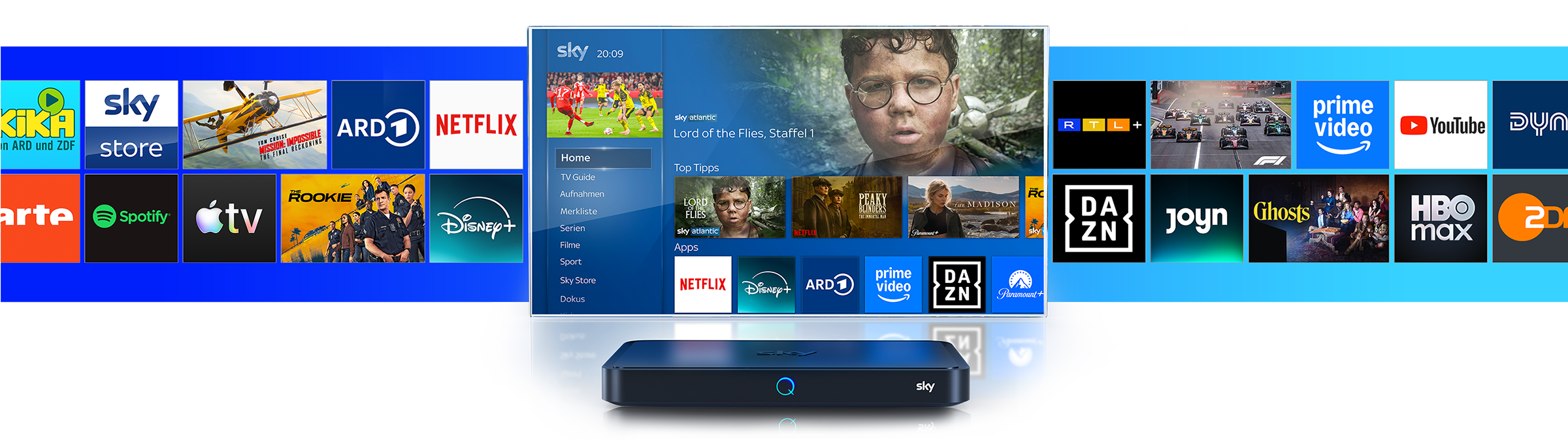 Grafik zeigt die Benutzeroberfläche von Sky Q mit der Sky Q Box im Vordergrund. Auf dem Bildschirm ist das Hauptmenü mit Kategorien wie „Home“, „Serien“, „Filme“, „Sport“ und „Sky Store“ zu sehen. Angezeigt wird der Sky-Cinema-Titel „Ein Minecraft Film“ sowie Empfehlungen wie „Wednesday“ und „Tulsa King“. Unter „Apps“ erscheinen Logos von Netflix, Disney+, ARD, Prime Video, DAZN und Paramount+. Im Hintergrund sind weitere Streaming-Dienste und Sender wie KiKA, RTL+, Joyn, YouTube, ZDF, Spotify, Apple TV+ und Amazon Music eingeblendet.