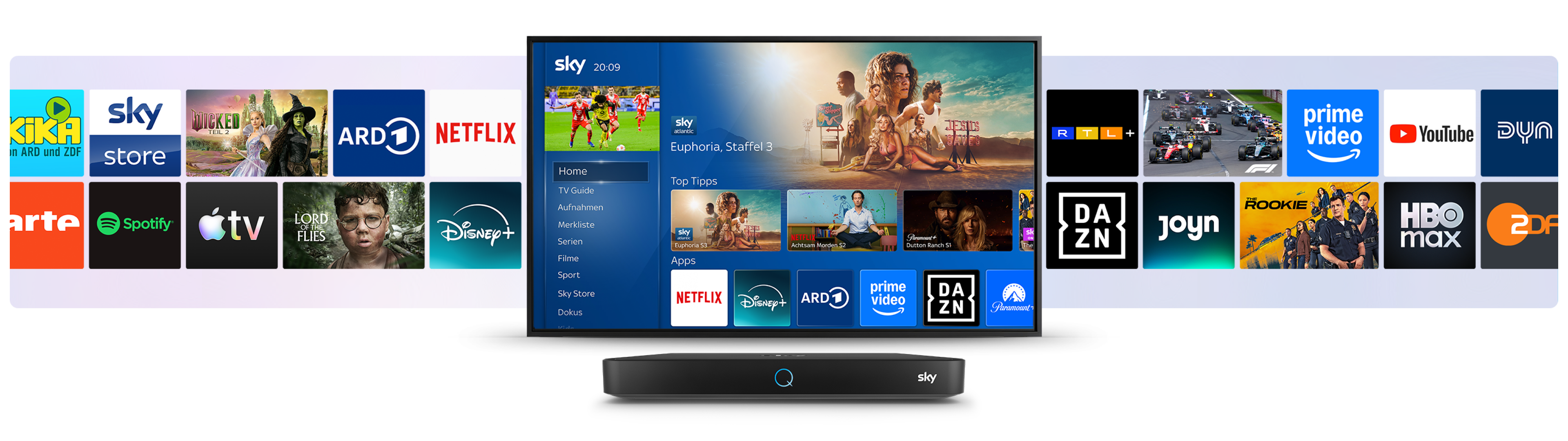 Grafik zeigt die Benutzeroberfläche von Sky Q mit der Sky Q Box im Vordergrund. Auf dem Bildschirm ist das Hauptmenü mit Kategorien wie „Home“, „Serien“, „Filme“, „Sport“ und „Sky Store“ zu sehen. Angezeigt wird der Sky-Cinema-Titel „Ein Minecraft Film“ sowie Empfehlungen wie „Wednesday“ und „Tulsa King“. Unter „Apps“ erscheinen Logos von Netflix, Disney+, ARD, Prime Video, DAZN und Paramount+. Im Hintergrund sind weitere Streaming-Dienste und Sender wie KiKA, RTL+, Joyn, YouTube, ZDF, Spotify, Apple TV+ und Amazon Music eingeblendet.