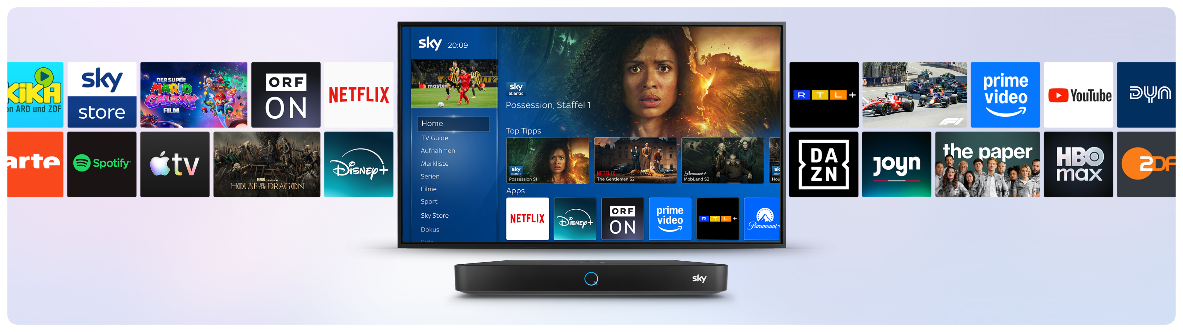 Grafik zeigt die Benutzeroberfläche von Sky Q mit der Sky Q Box im Vordergrund. Auf dem Bildschirm ist das Hauptmenü mit Kategorien wie „Home“, „Serien“, „Filme“, „Sport“ und „Sky Store“ zu sehen. Angezeigt wird der Sky-Cinema-Titel „Ein Minecraft Film“ sowie Empfehlungen wie „Wednesday“ und „Tulsa King“. Unter „Apps“ erscheinen Logos von Netflix, Disney+, ARD, Prime Video, DAZN und Paramount+. Im Hintergrund sind weitere Streaming-Dienste und Sender wie KiKA, RTL+, Joyn, YouTube, ZDF, Spotify, Apple TV+ und Amazon Music eingeblendet.