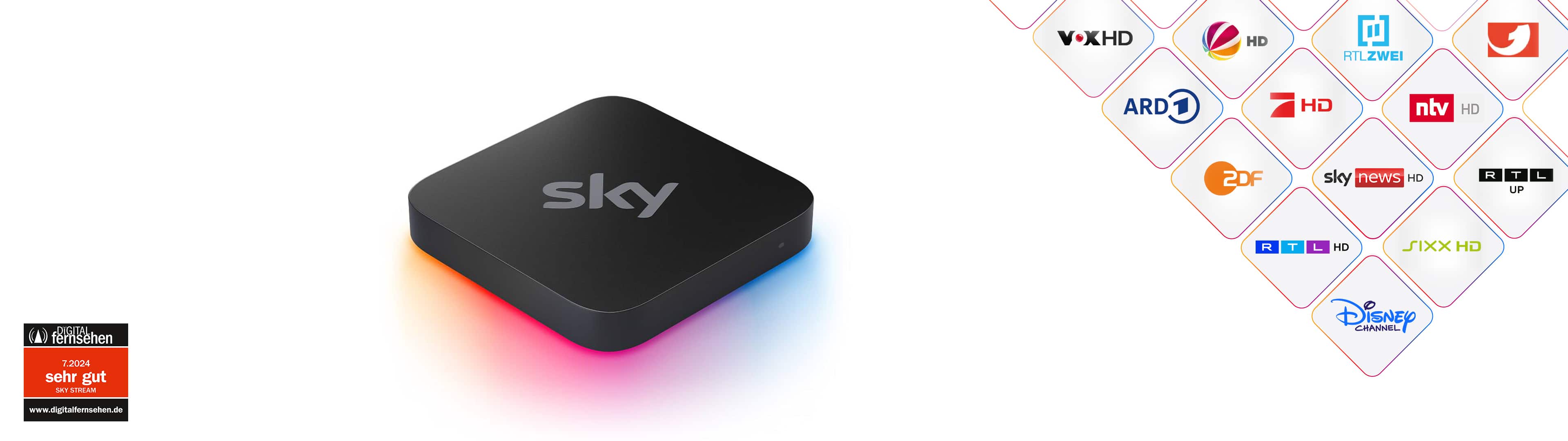 Sky Stream Box neben verschiedenen Senderlogos