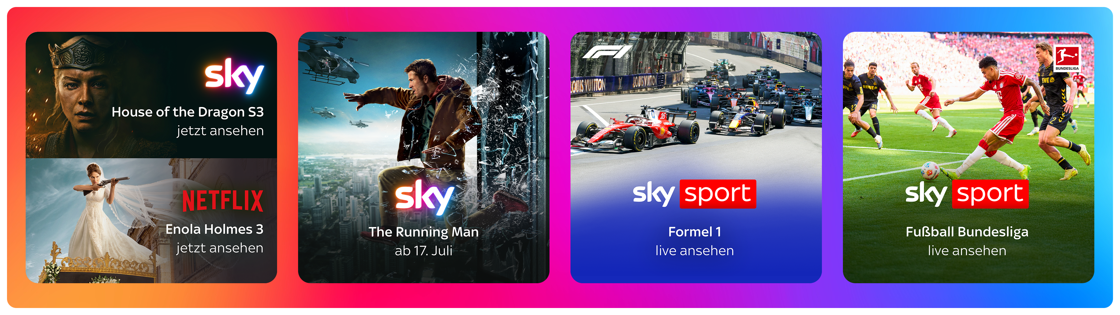 Die Pakete Sky Entertainment, Sky Cinema, Sky Fußball Bundesliga und Sky Sport.