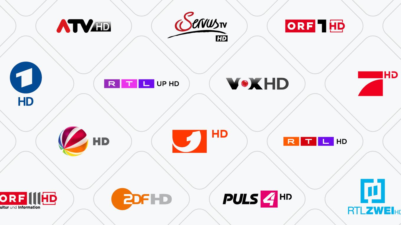 Collage verschiedener TV-Sender-Logos, die mit Sky Stream in High Definition empfangen werden können.