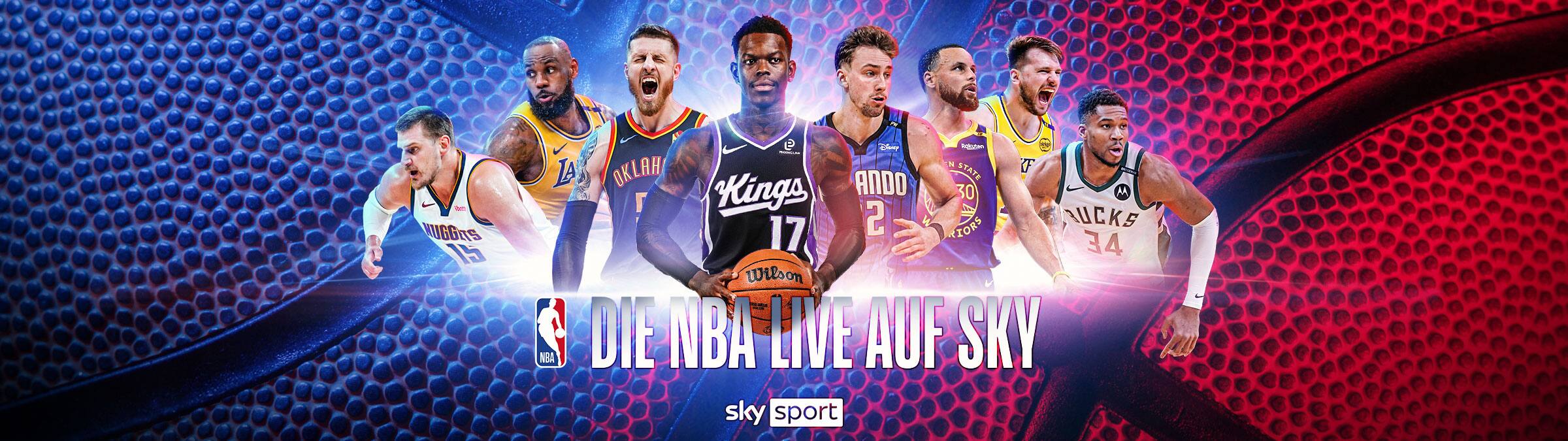 Acht Basketballer aus der NBA über dem Schriftzug "Die NBA live auf Sky."