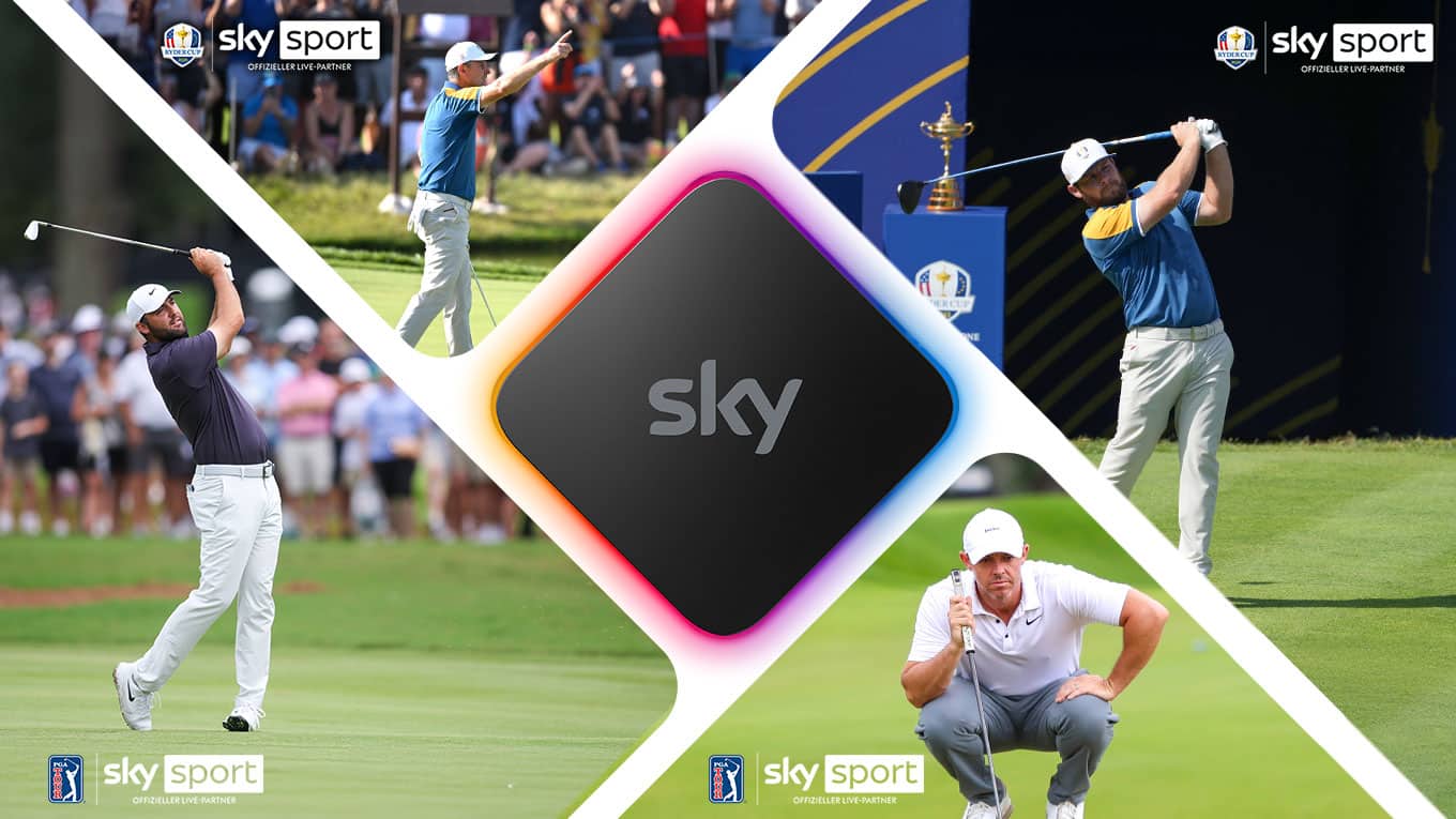 In der Mitte zu sehen ist das Sky Stream Modul. Darum herum sind Golf-Spieler bei Turnieren wie dem Ryder Cup und PGA zu sehen.