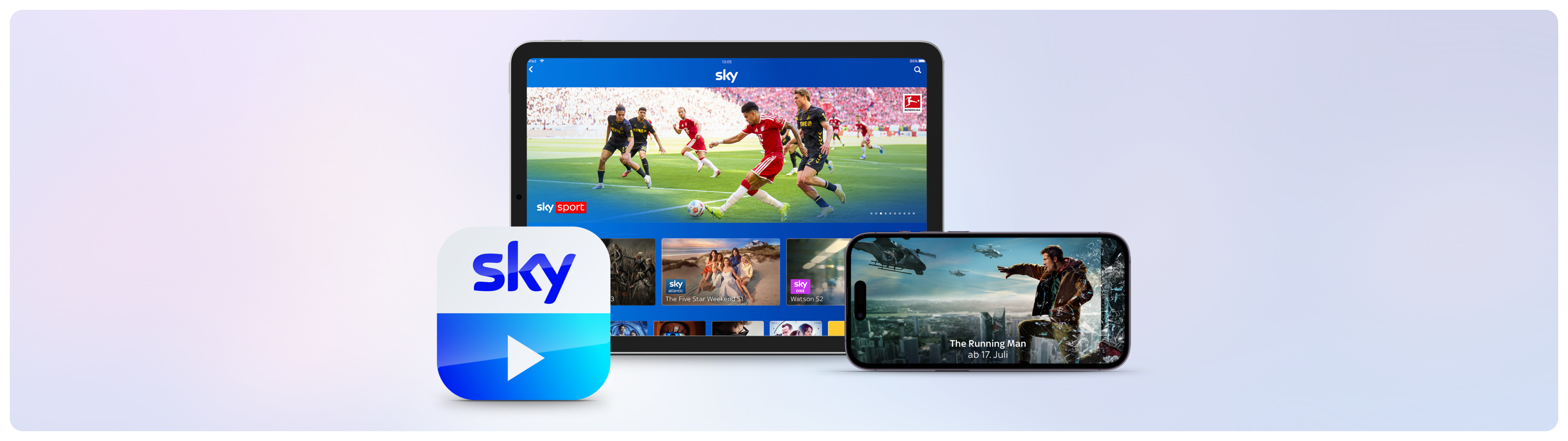 Sky Go Logo und auf die Inhalte von Sky auf verschiedenen Geräten. Auf einem Tablet ist die Serie "Euphoria" abgebildet. Auf einem Laptop der Film "Wicked - Teil 2" und auf einem Smartphone ein Spiel der Fußball Bundesliga.