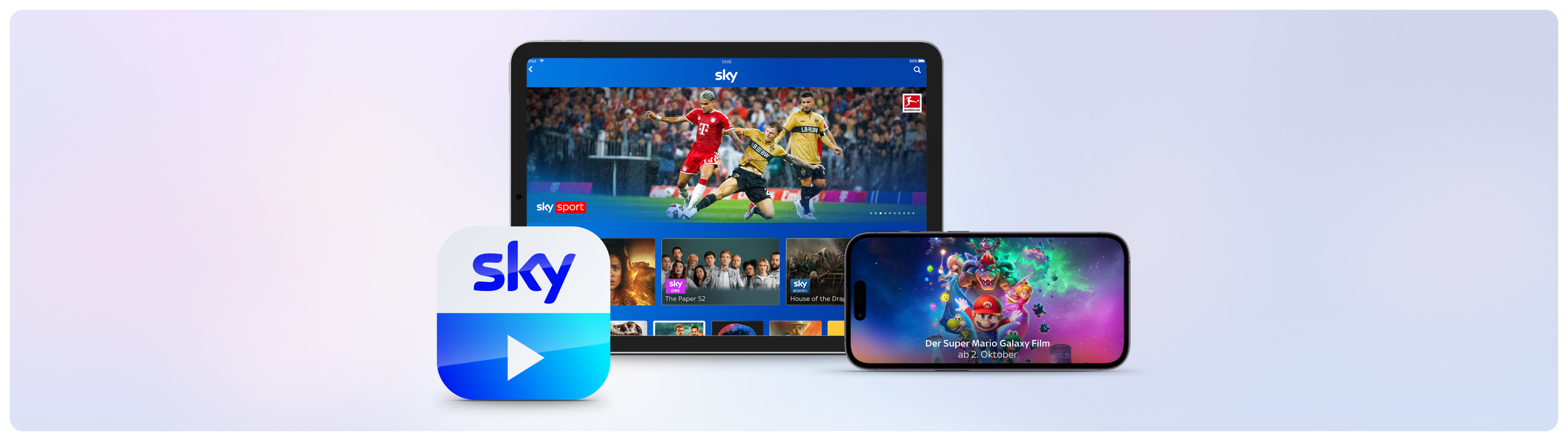 Sky Go Logo und auf die Inhalte von Sky auf verschiedenen Geräten. Auf einem Tablet ist die Serie "Euphoria" abgebildet. Auf einem Laptop der Film "Wicked - Teil 2" und auf einem Smartphone ein Spiel der Fußball Bundesliga.