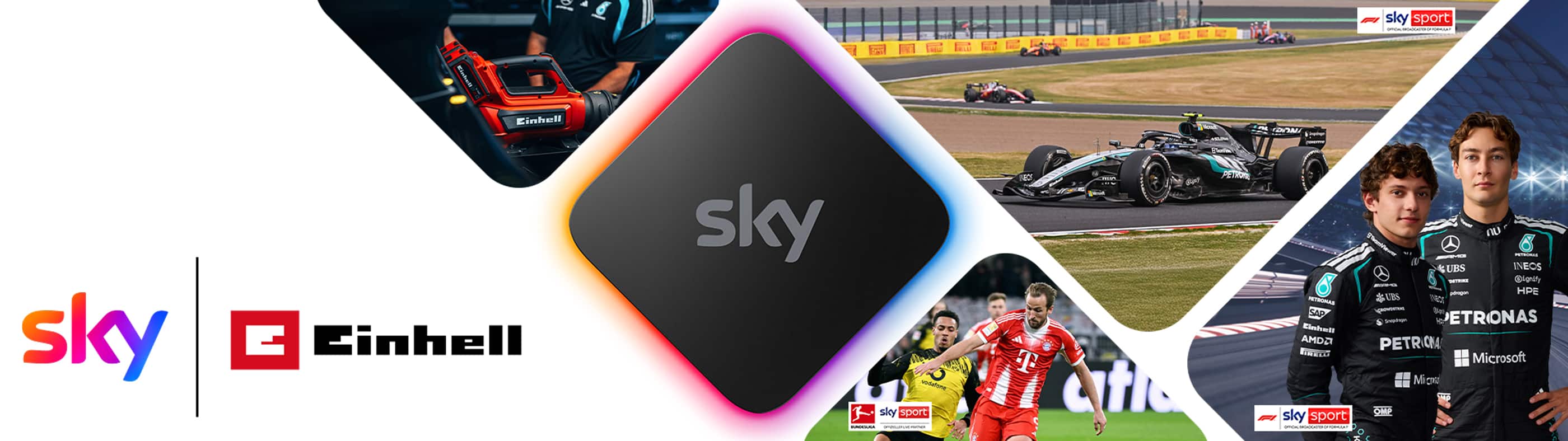 Werbegrafik mit Kooperation von Sky und Einhell: Links die Logos von Sky und Einhell auf weißem Hintergrund, in der Mitte eine schwarze Sky-Streamingbox mit farbig leuchtendem Rand. Rechts mehrere Motorsport- und Sportszenen, darunter ein Formel-1-Auto auf der Rennstrecke, ein Fußballspiel sowie zwei Rennfahrer in schwarzen Teamanzügen. Oben links zusätzlich ein Einhell-Gerät im Einsatz.