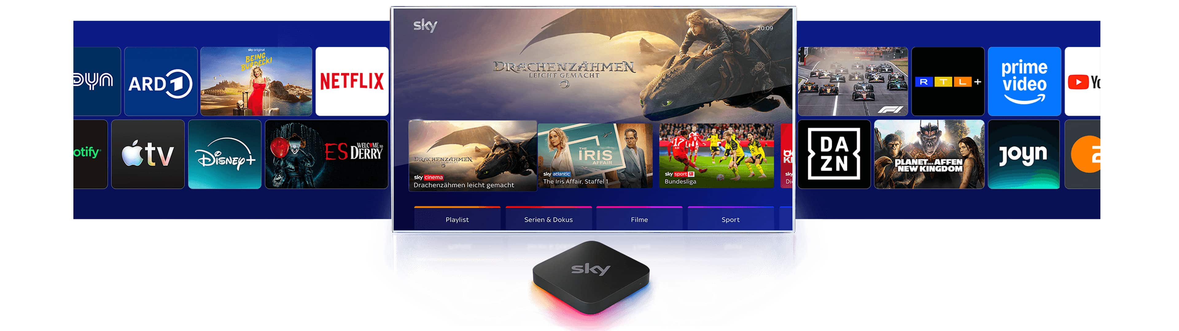 Sky Stream Box vor einem Fernseher, auf dem das Sky Stream UI zu sehen ist.