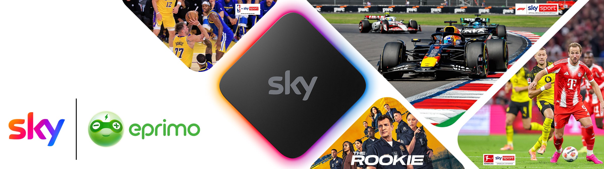 Sky Stream Box, links und rechts daneben Sport, Filme, Serien