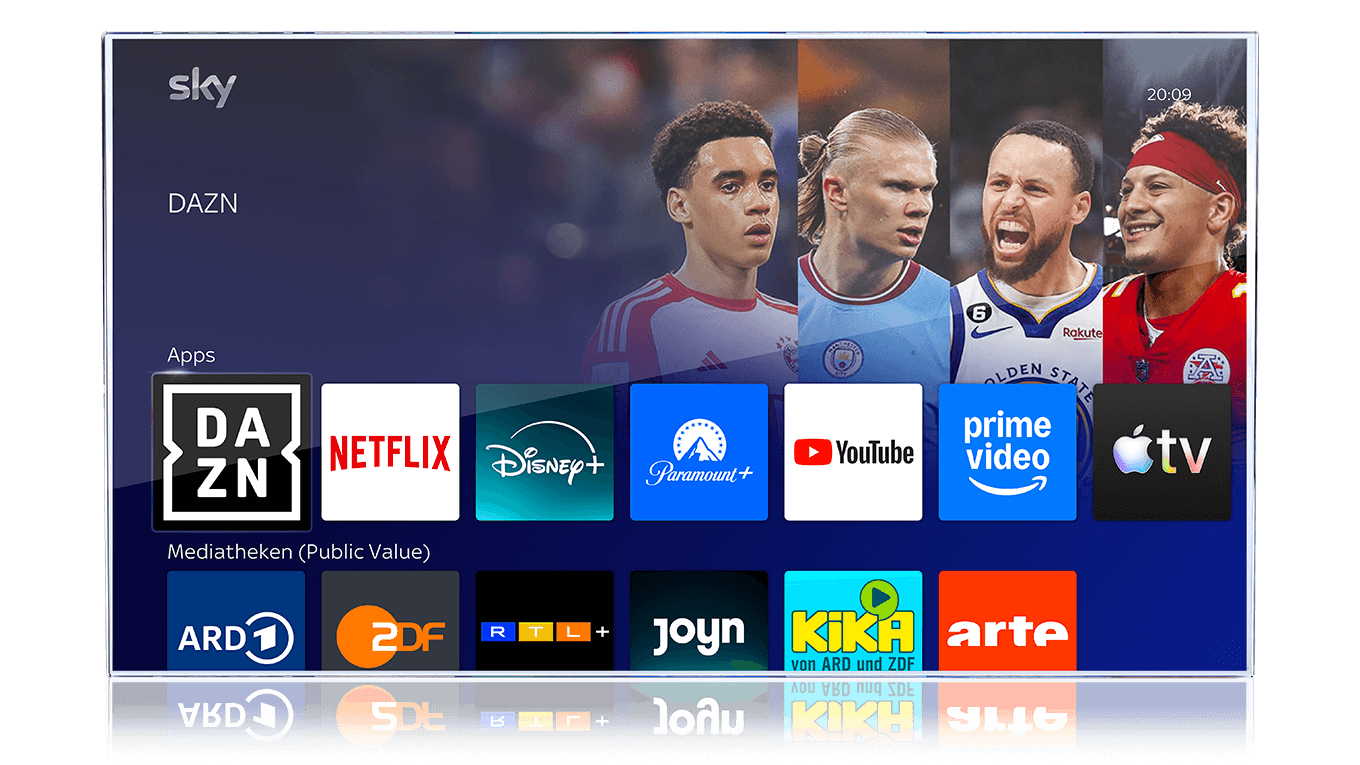 Ein Fernseher, auf dem das Sky Stream UI für Apps zu sehen ist.
