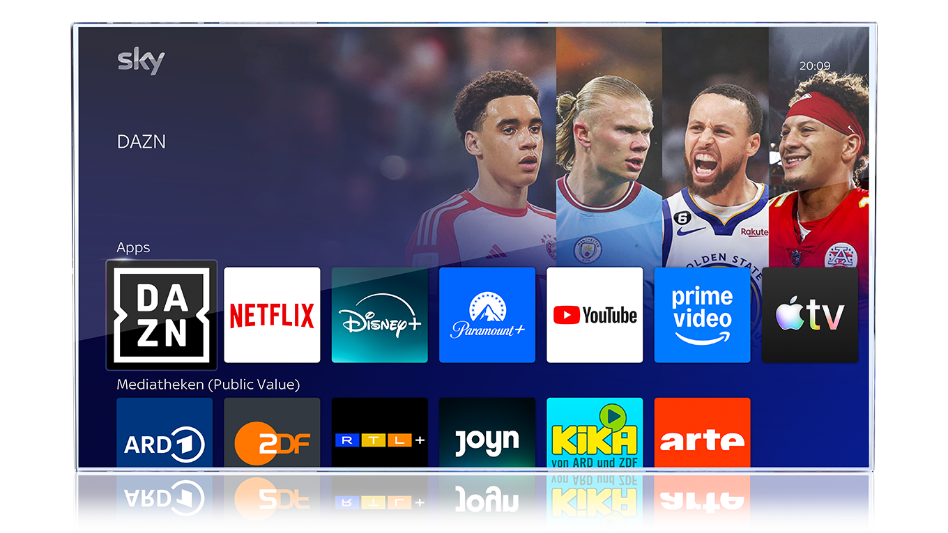 Ein Fernseher, auf dem das Sky Stream UI für Apps zu sehen ist.