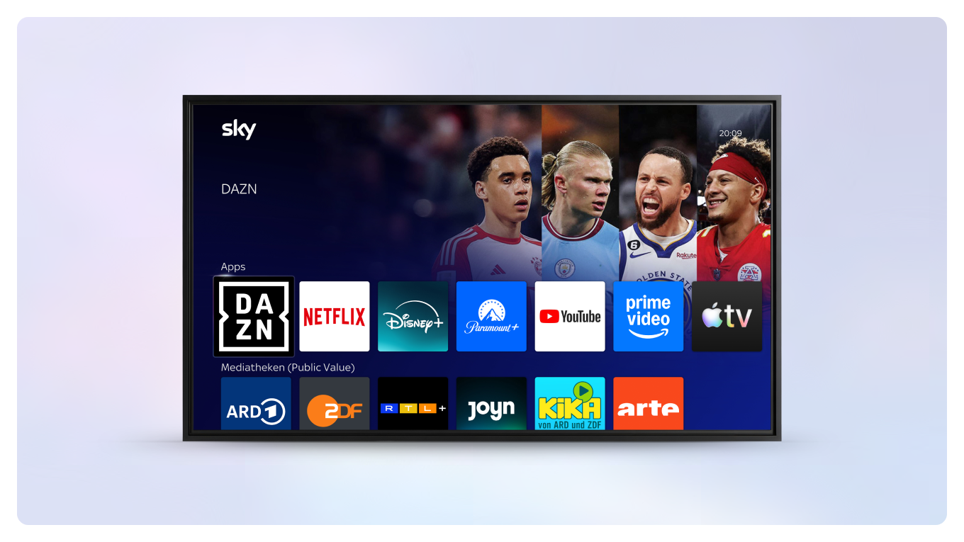 Ein Fernseher, auf dem das Sky Stream UI für Apps zu sehen ist.