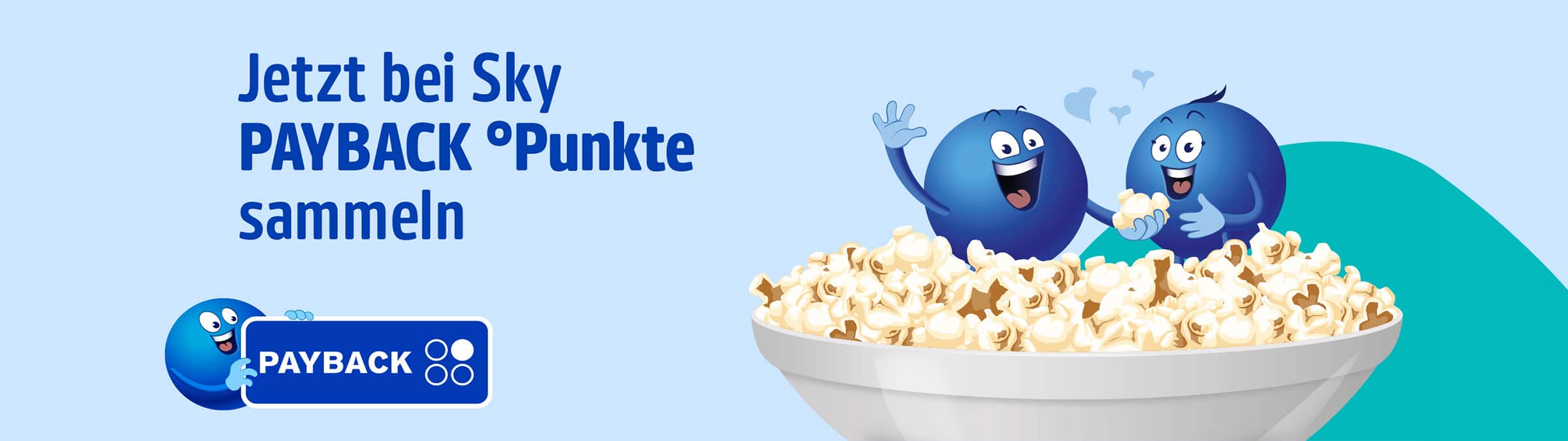 PAYBACK Werbegrafik: Slogan ‚Jetzt bei Sky PAYBACK °Punkte sammeln‘ neben einer Schüssel Popcorn und einer blauen PAYBACK-Figur.