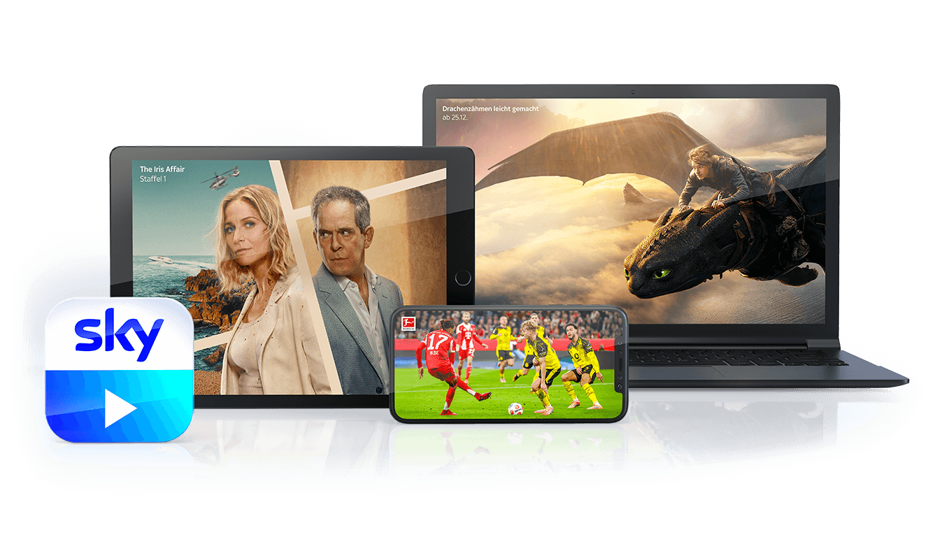 Ein Laptop, ein Tablet und ein Handy mit jeweils einem Sky-Inhalt und links davor das Sky-Go-Logo.