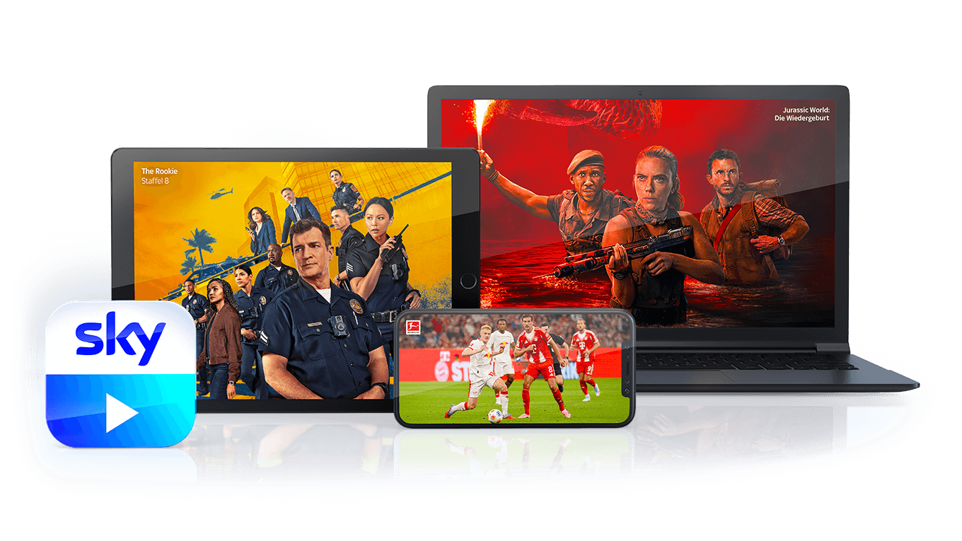Ein Laptop, ein Tablet und ein Handy mit jeweils einem Sky-Inhalt und links davor das Sky-Go-Logo.
