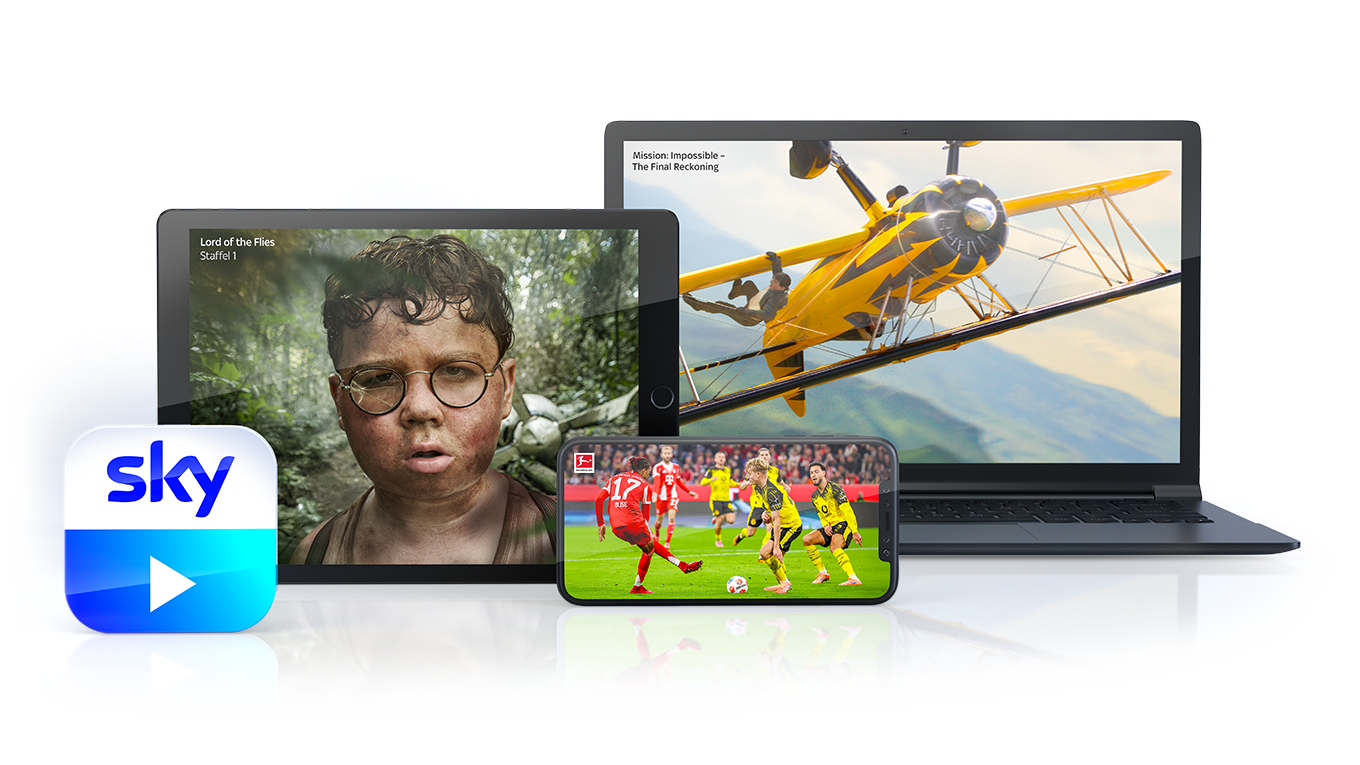 Ein Laptop, ein Tablet und ein Handy mit jeweils einem Sky-Inhalt und links davor das Sky-Go-Logo.