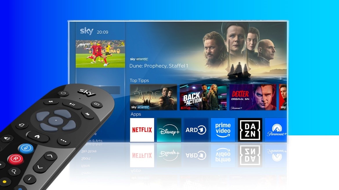 Anzeige der Sprachsteuerung auf der Fernbedienung von Sky Q über den blauen Knopf