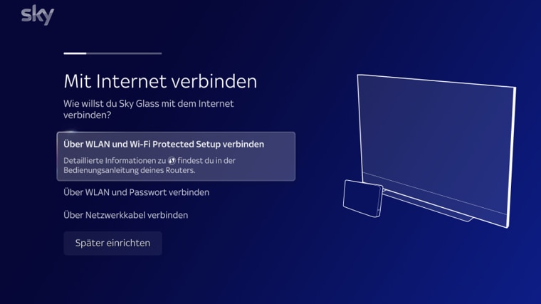 Bildschirm mit 4 Optionen: WLAN-Verbindung über WPS, über Passwort, LAN-Verbindung über Kabel und „Später einrichten“