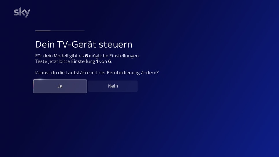 Überprüfen Sie die Lautstärkeregelung des Fernsehers mit der Fernbedienung und bestätigen Sie mit „Ja“ oder „Nein“.