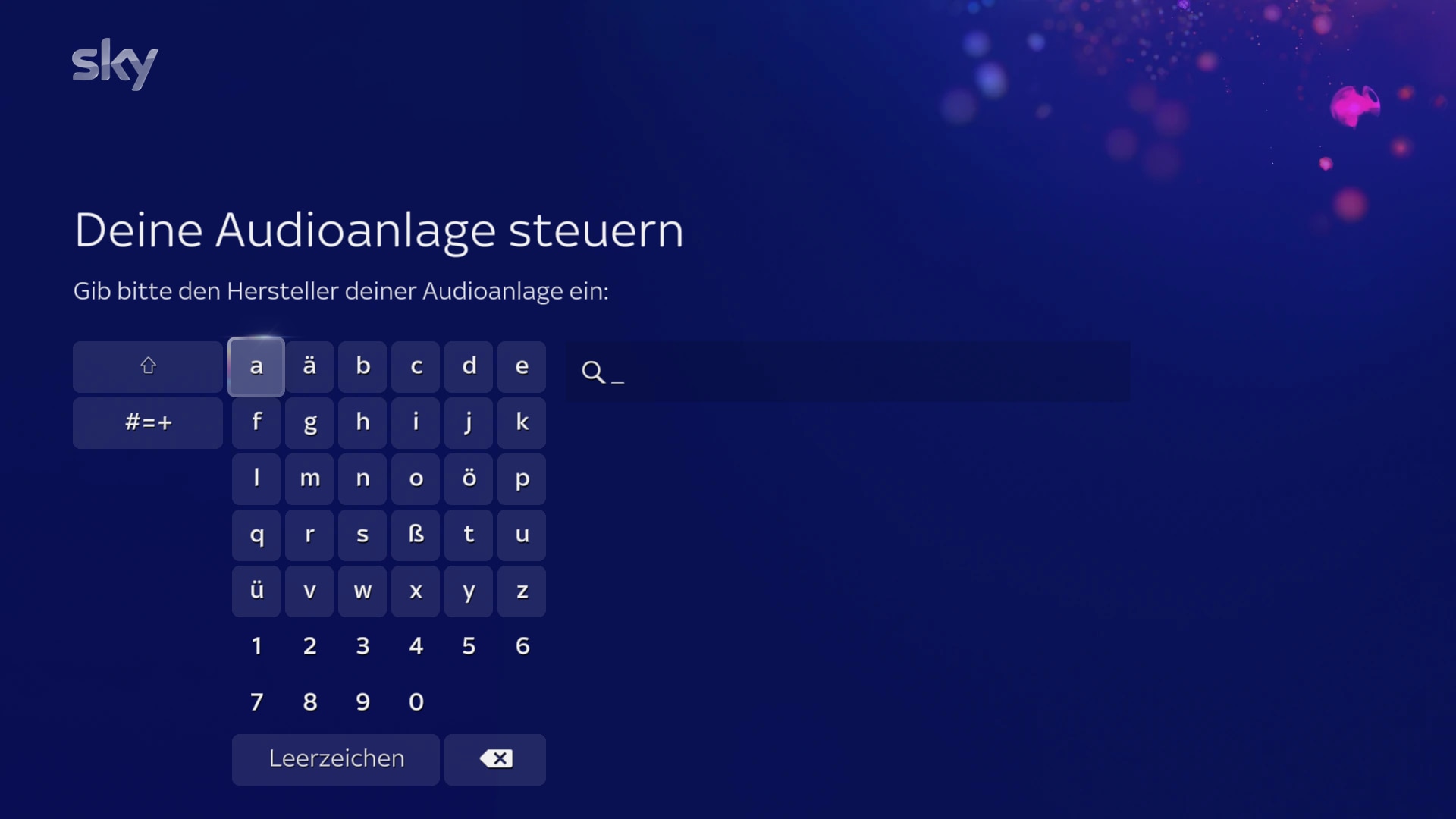 Bildschirmaufforderung zur Eingabe des Audiosystemherstellers mithilfe der Buchstaben auf der virtuellen Tastatur.