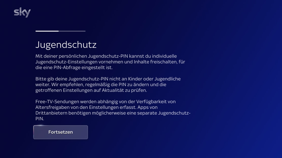 Bildschirm der die Bedeutung der PIN für die Kindersicherung erklärt und eine Schaltfläche Fortsetzen um sie festzulegen