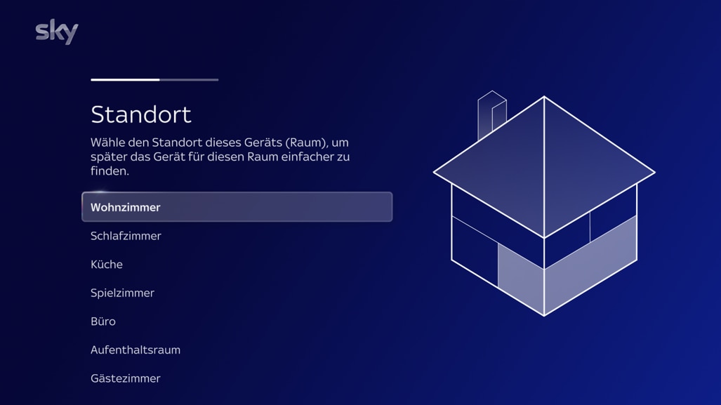 Bildschirm mit der Aufforderung, den Raumtyp auszuwählen, in dem sich die Sky Stream-Box befindet