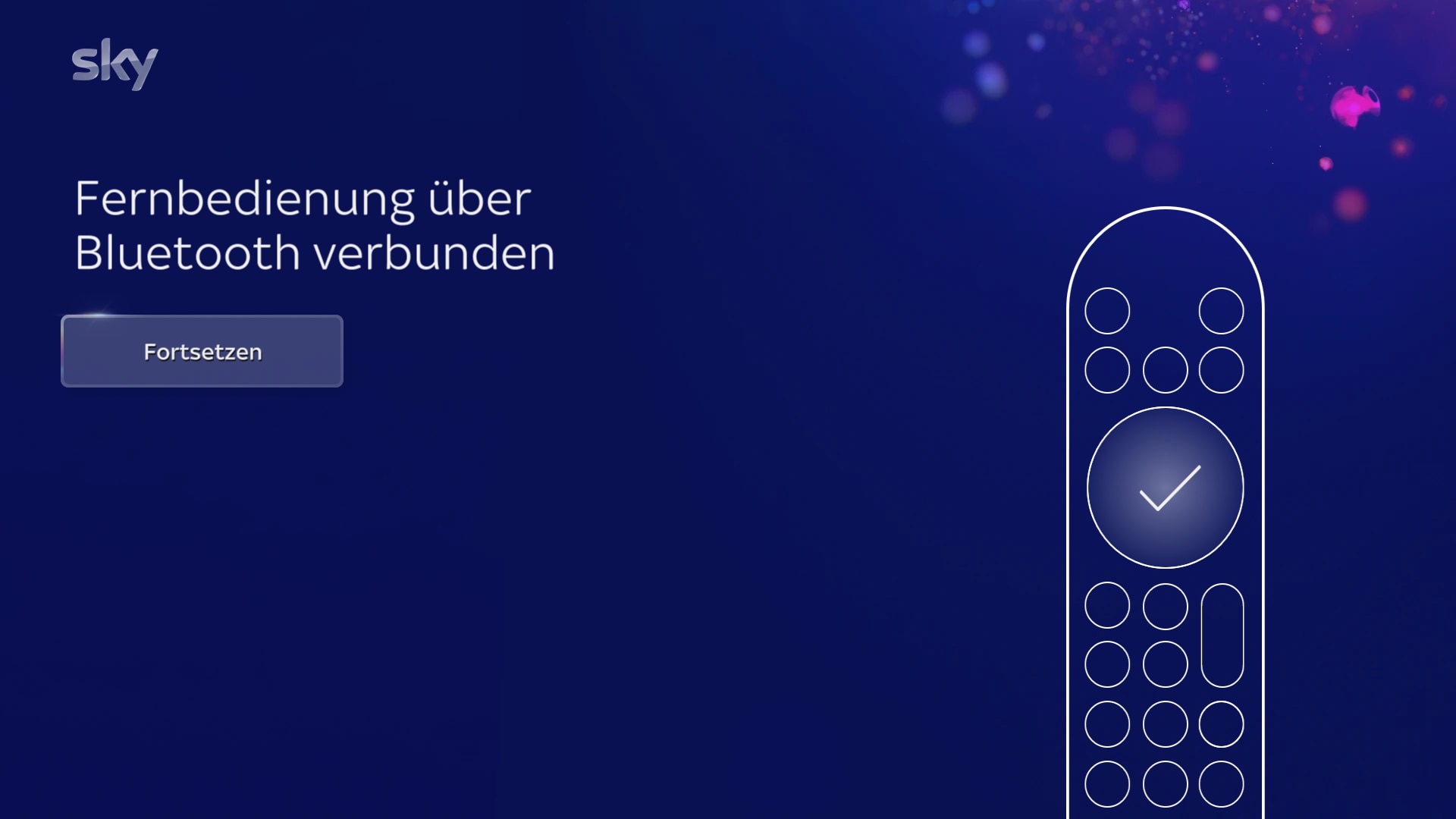 Sky-Bildschirm bestätigt die Bluetooth-Fernverbindung. Drücken Sie nach erfolgreicher Einrichtung OK, um fortzufahren.