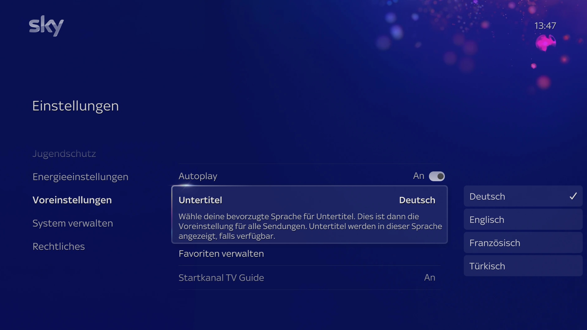 Bildschirmaufforderung zur Auswahl von „Untertiteln“ unter „Voreinstellungen“