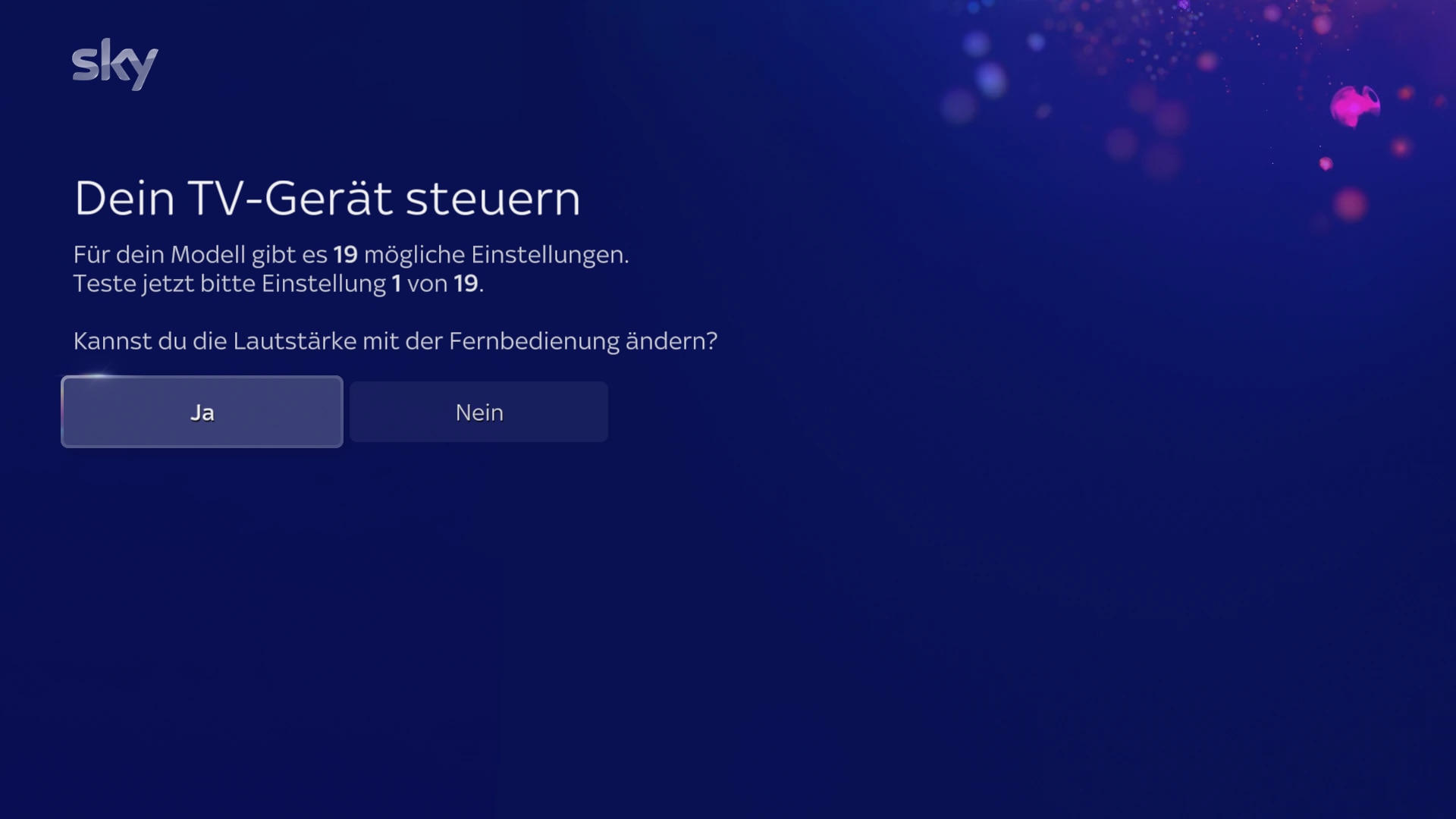 Überprüfen Sie die Lautstärkeregelung des Fernsehers mit der Fernbedienung und bestätigen Sie mit „Ja“ oder „Nein“.