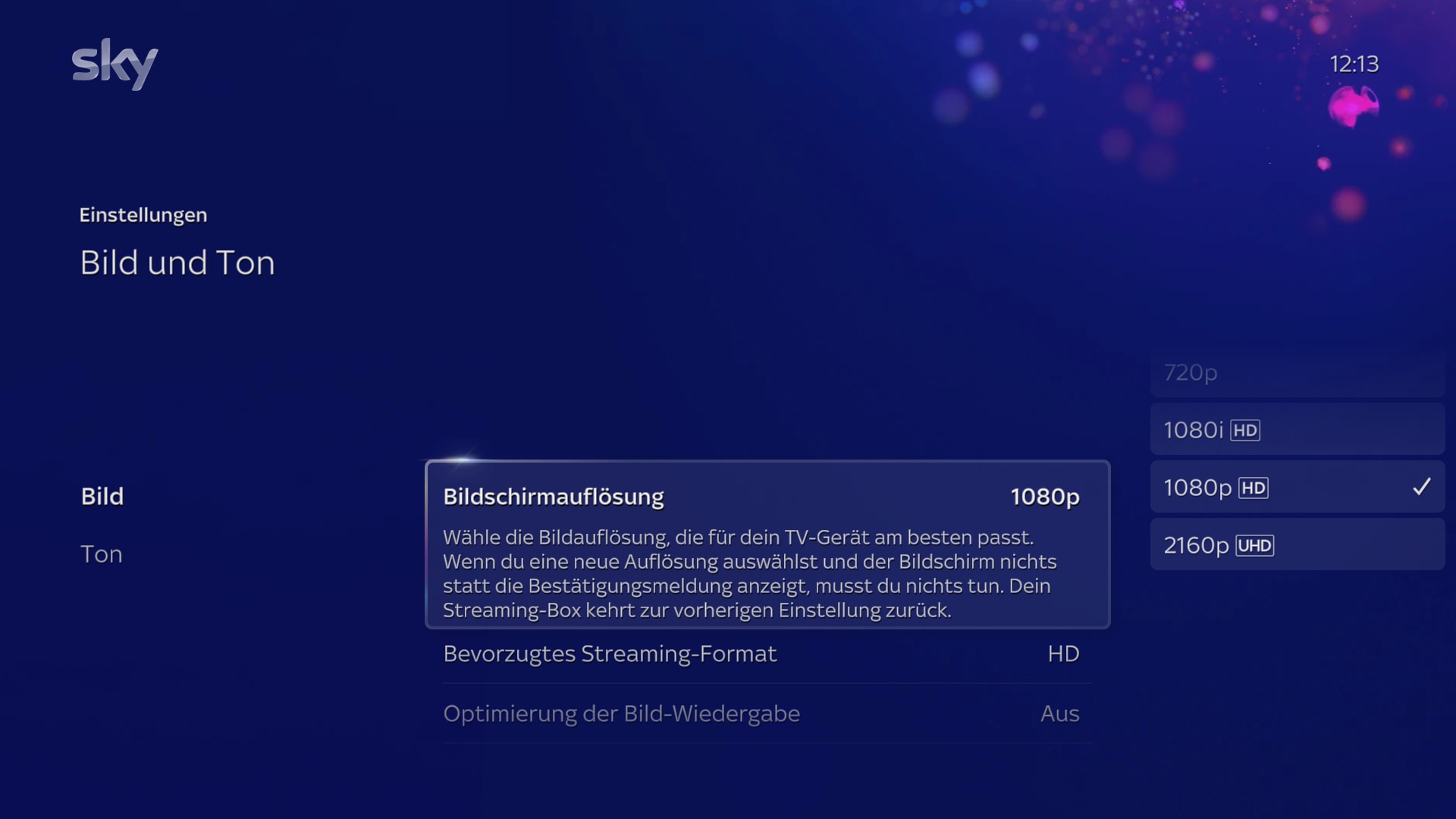 Bildschirm zur Auswahl der gewünschten Bildschirmauflösung unter Einstellungen>Bild und Ton>Bild>Bildschirmauflösung
