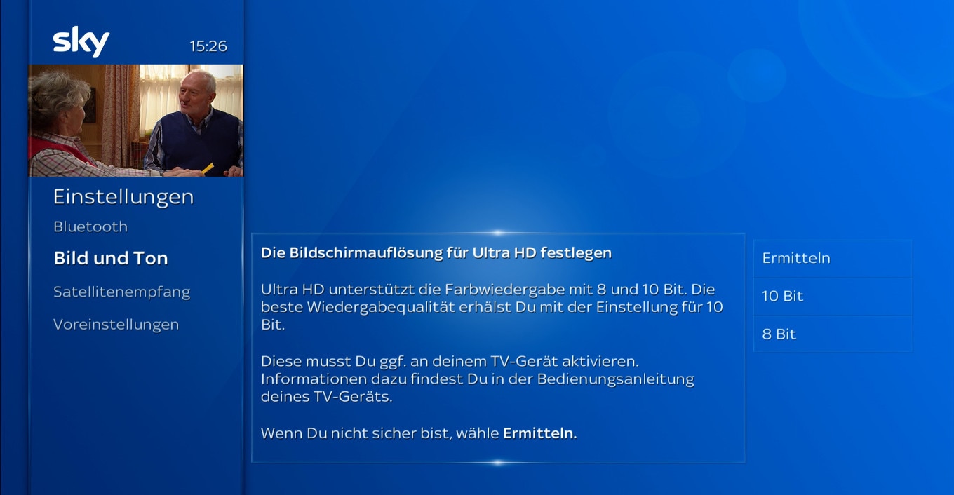 Sky Q-Einstellungsbildschirm; wählen Sie die Farbtiefe als 10 Bit oder 8 Bit. Wählen Sie im Zweifelsfall „Ermitteln“.