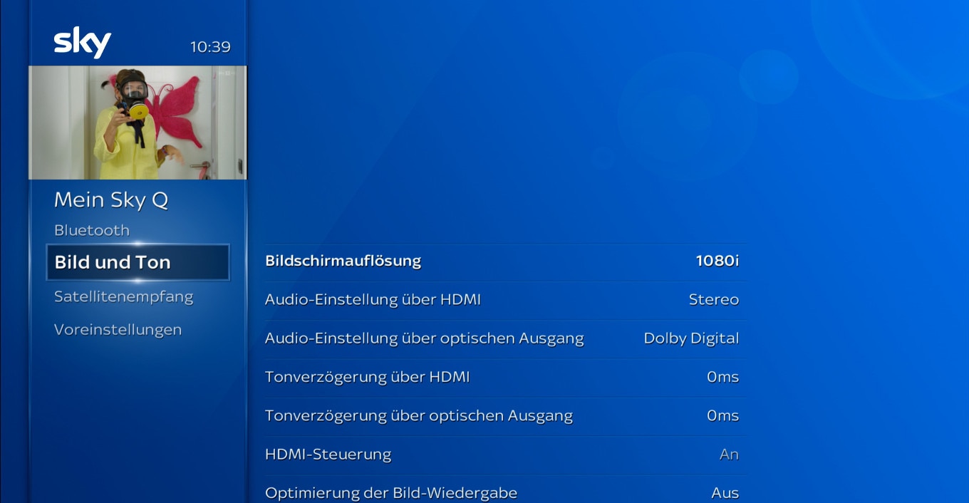 Sky Q-Startbildschirm; navigieren Sie zu Mein Sky Q > Einstellungen > Setup > Bild & Ton.
