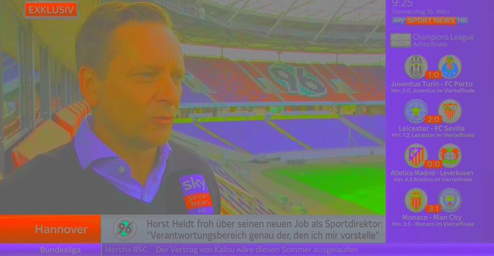 Der Bildschirm des Sky Q-Receivers zeigt Inhalte mit Farbstich im Bild