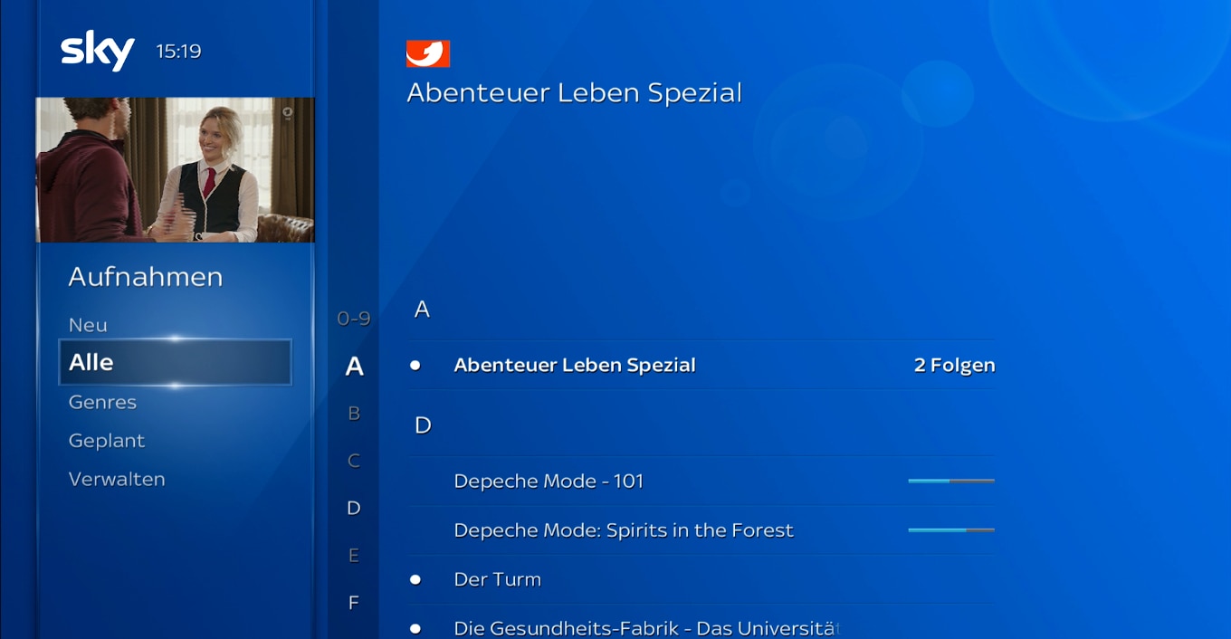 Optionen „Neu“ und „Alle“; ein weißer Punkt neben einer Aufnahme bedeutet, dass Sie sie noch nicht angesehen haben.