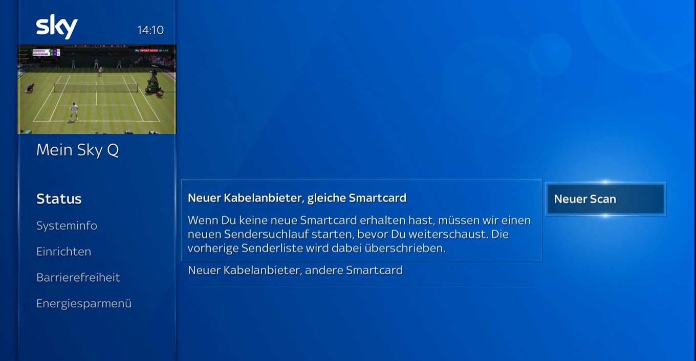Bildschirm des Sky Q-Receivers; wählen Sie unter Neuer Kabelanbieter, gleiche Smartcard mit der OK-Taste Neuer Scan aus.