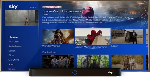 Der Startbildschirm des Sky Q Receivers zeigt verschiedene Optionen.