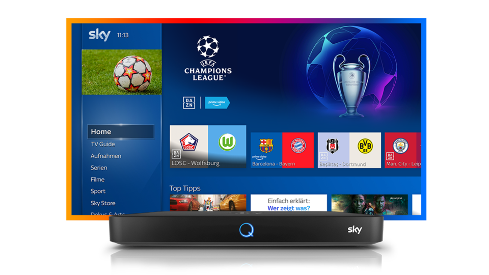 Sky-Q-Menü mit Champions-League-Spielen wie Barcelona-Bayern und City-Leipzig