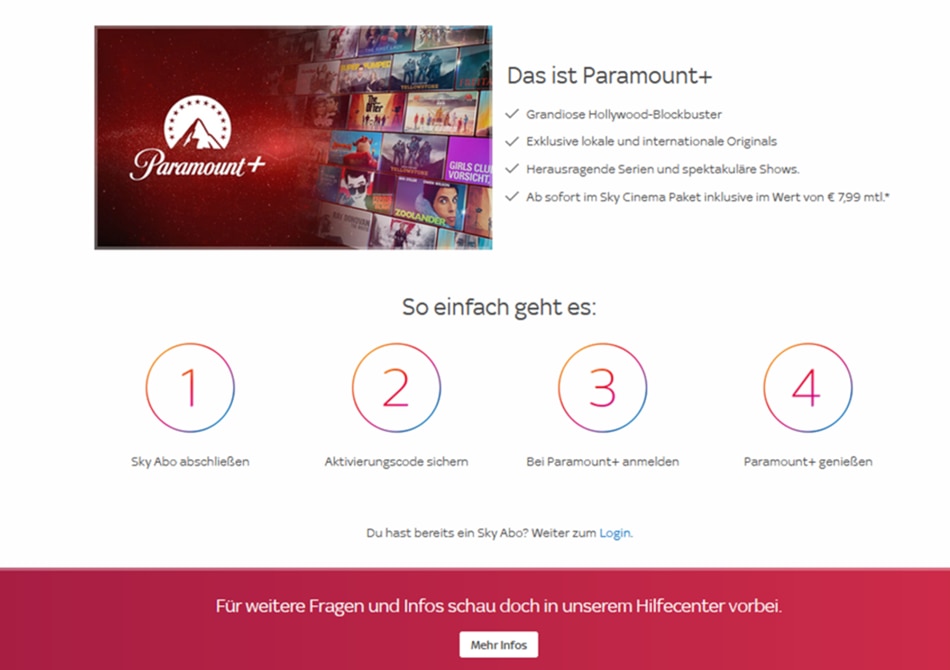 Banner das hervorhebt dass Paramount+ Benutzer mit einfachen Aktivierungsschritten Blockbuster und Shows genießen können