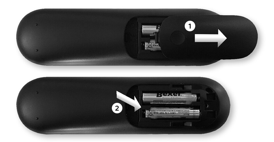Anleitung: Batteriefach der Fernbedienung öffnen, zwei AA-Batterien (BEXEL 1.5V) korrekt einsetzen.