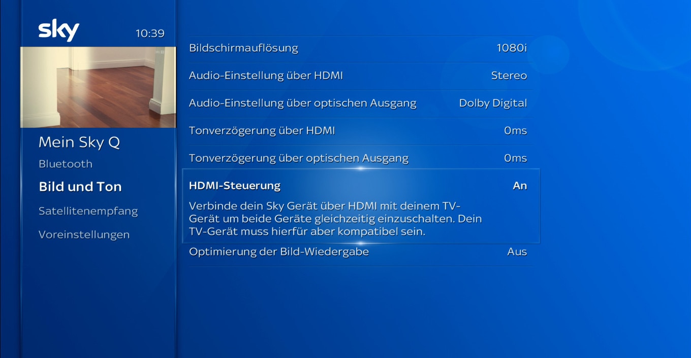 Sky Q-Bildschirm; navigieren Sie zu HDMI-Steuerung und drücken Sie die OK-Taste, um den Wert auf Aus zu setzen.