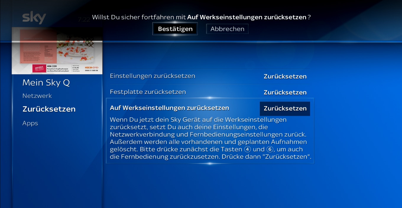 Bildschirm des Sky Q-Receivers; wählen Sie „Bestätigen mit der OK-Taste“