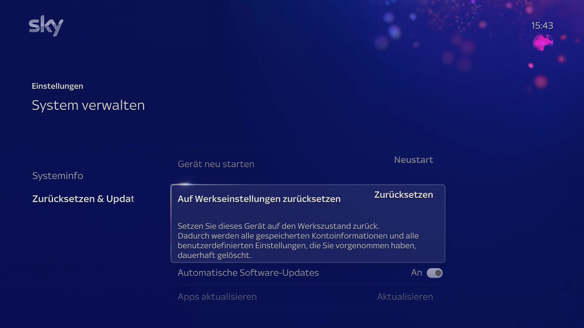 Bildschirm mit der Option „Zurücksetzen“, um die Sky Stream-Box auf die Werkseinstellungen zurückzusetzen.