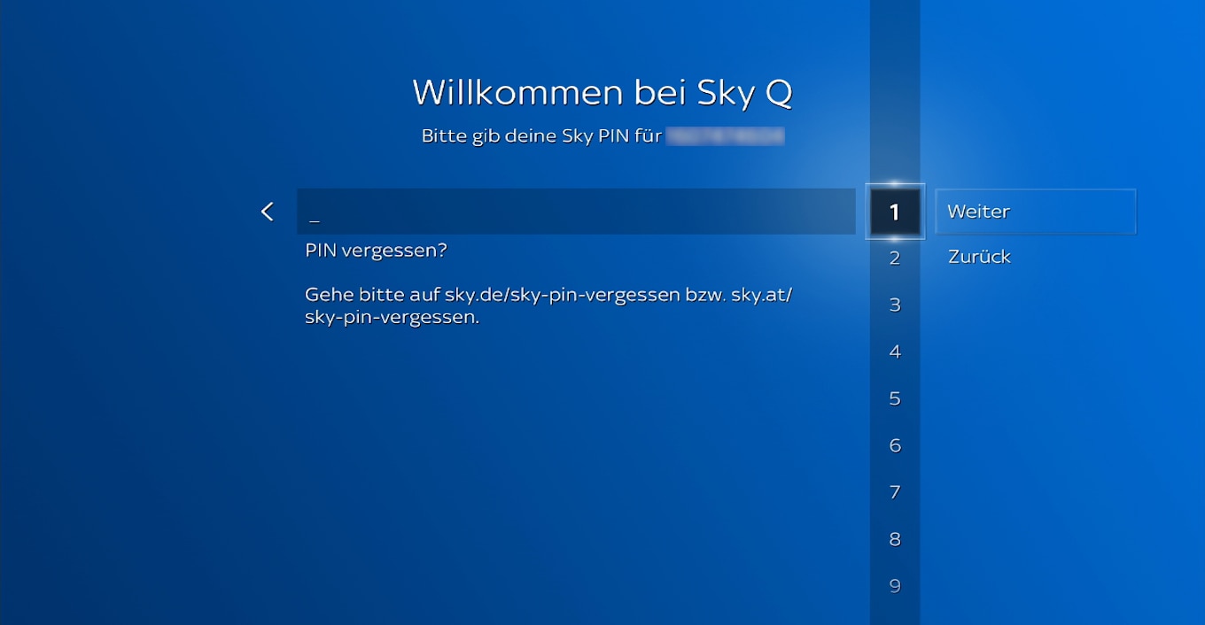 Sky Q PIN-Eingabeseite mit Hinweis auf PIN-Vergessen-Link und Optionen 'Weiter' und 'Zurück'.